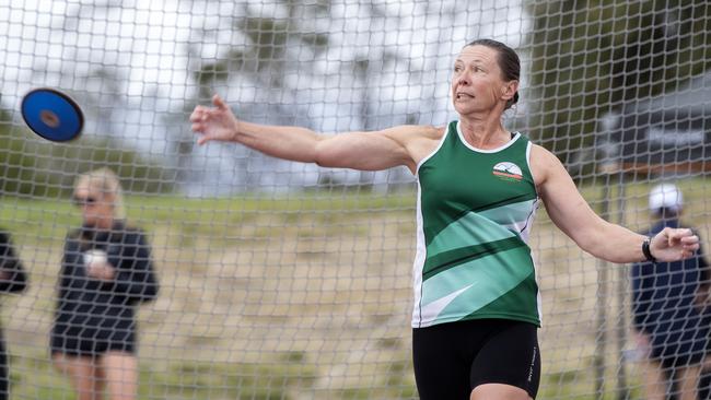 2024 Australian masters games at the Domain Athletics Centre, Cathy McKeown W50 Tas Discus National Champion. Picture: Chris Kidd