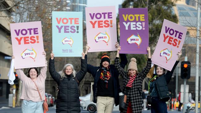 Supporters of the upcoming voice to parliament referendum gather for a rally at Trades Hall in Melbourne. Picture: NCA NewsWire / Andrew Henshaw