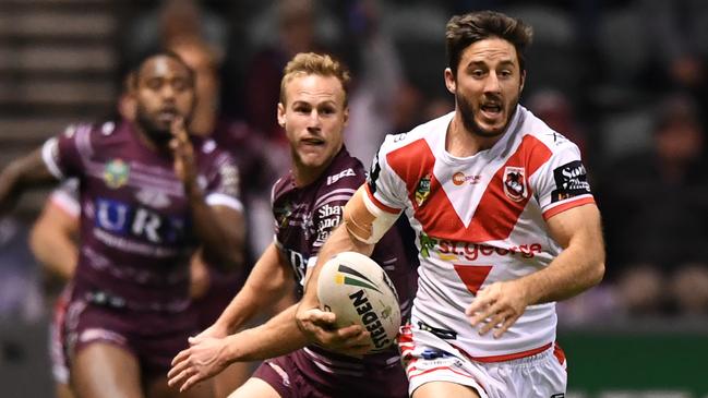 Ben Hunt of the Dragons makes a break from his own half with the ball during the Round 15 NRL match between the St George-Illawarra Dragons and the Manly-Warringah Sea Eagles at WIN Stadium in Wollongong, Saturday, June 16, 2018. (AAP Image/David Moir) NO ARCHIVING, EDITORIAL USE ONLY