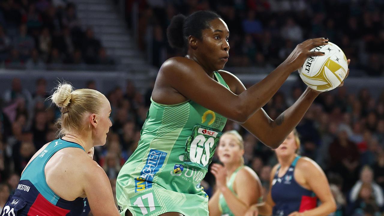 Jhaniele Fowler of the Fever in action during the Super Netball Semi Final match between Melbourne Vixens and West Coast Fever at John Cain Arena, on June 18, 2022, in Melbourne, Australia. (Photo by Daniel Pockett/Getty Images)