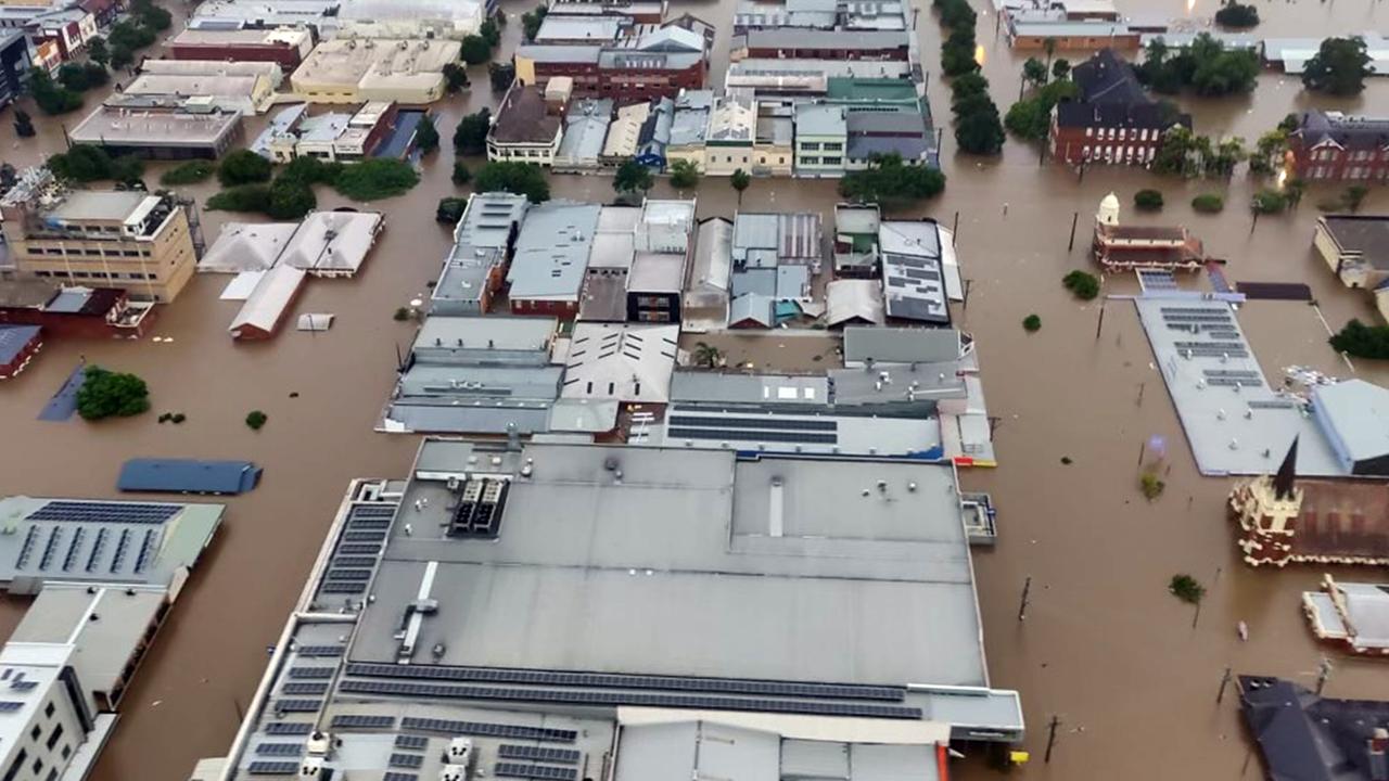 LISMORE, AUSTRALIA – NewsWire Photos FEBRUARY 28, 2022: An aerial image of Lismore in northern NSW shows extensive flooding as the region experiences the worst floods in a century. Picture: NCA NewsWire