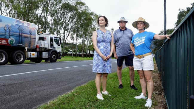 Whitfield State School P&amp;C president Eve Elliott-Smith, Whitfield State School foundation principal Tony Constance and Division 7 candidate Anna Middleton are concerned about the safety of schoolchildren as they walk across McManus Street. Picture: Brendan Radke