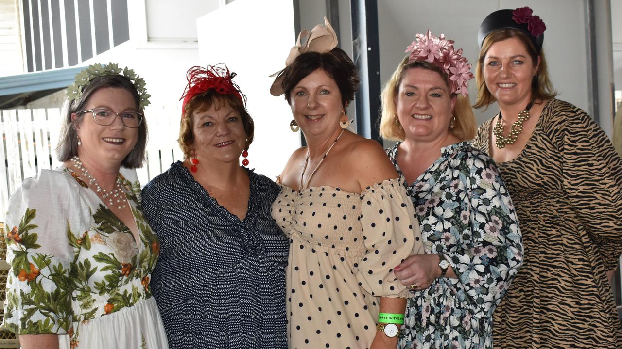 Julie-Ann Thackeray, Rose Bowden, Karen Jenkins, Meg Halberstater and Veronica Coggan at The Archer race meeting at Callaghan Park, Rockhampton, on May 7, 2022.