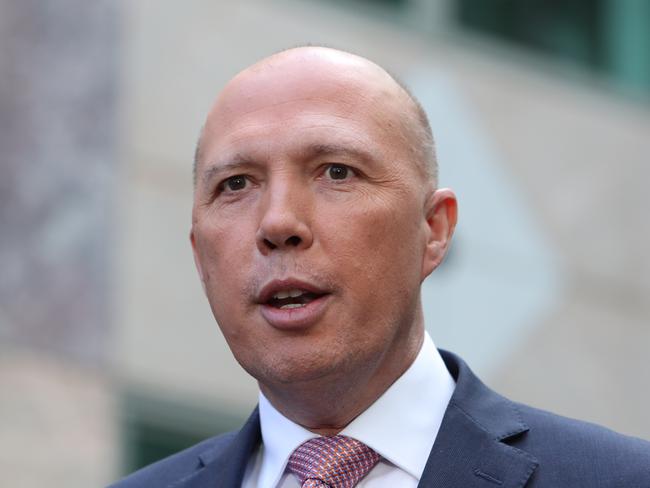 Peter Dutton speaks to reporters in Canberra this afternoon. Picture: Kym Smith