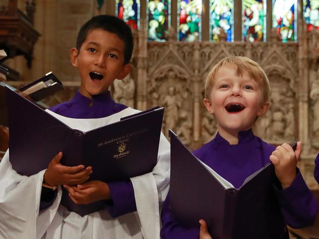 Rene Pulikkaseril, 9, Sam Cobb, 7, and Zev Mann, 9, of the St Andrew's Cathedral Choir at St Andrew's Cathedral, Sydney CBD, this morning.Picture:Justin Lloyd