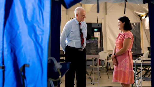 National Critical Care and Trauma Response Centre executive director Len Notaras and Minister for Health Natasha Fyles at the Howard Springs quarantine facility. Picture: Che Chorley