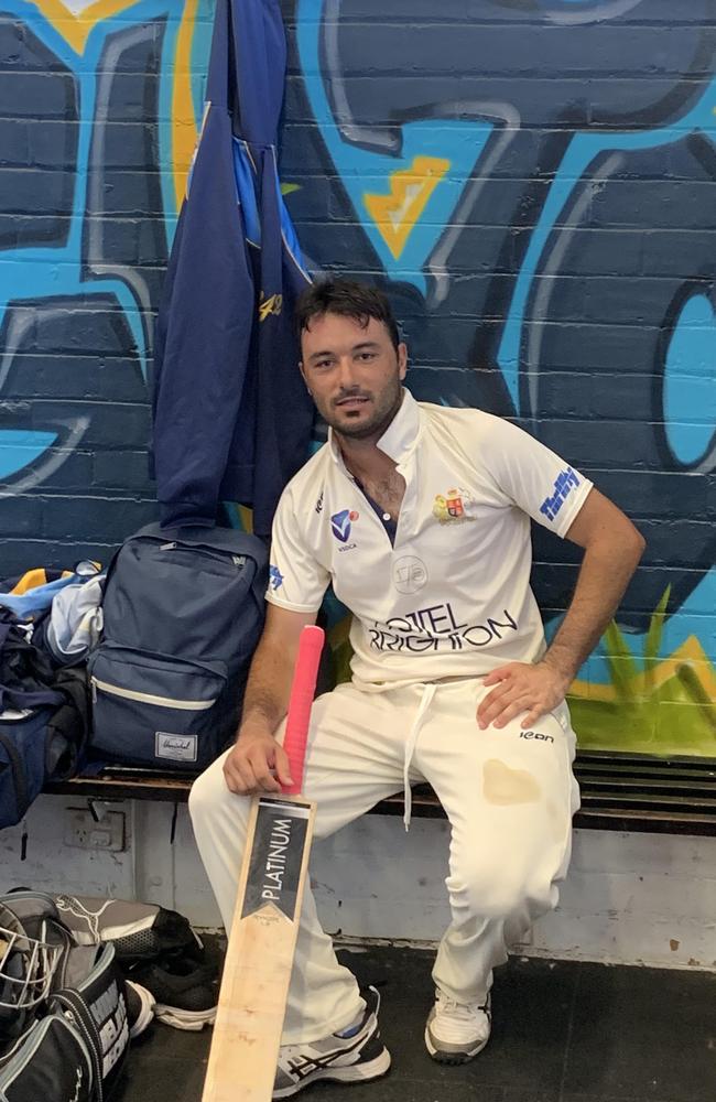 Ricky Damiano takes a breather in the changerooms after his 143 not out.