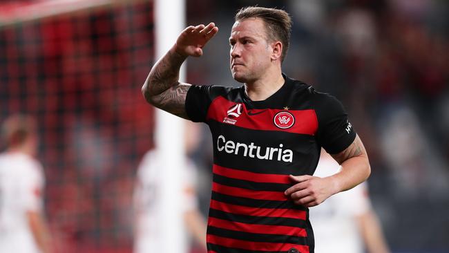 Western Sydney’s Simon Cox celebrates scoring against Adelaide at Bankwest Stadium. Picture: Getty Images