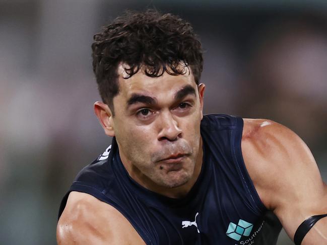 BRISBANE, AUSTRALIA - September 23, 2023. AFL .   Jack Martin of the Blues clears by hand during the 2nd preliminary final between the Brisbane Lions and the Carlton at the Gabba in Brisbane, Australia..   Photo by Michael Klein.