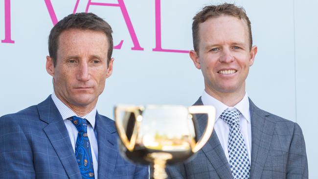 Damien Oliver and Kerrin McEvoy are eyeing a fourth Melbourne Cup win. Picture: Getty Images