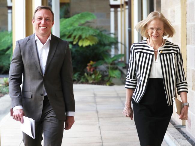 Deputy Premier and Minister for Health Steven Miles with Dr Jeannette Young. Picture: Annette Dew