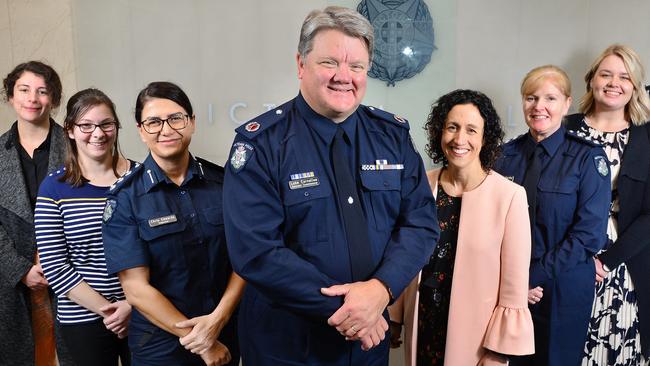 Assistant Commissioner Luke Cornelius with his team at Victoria Police. Luke helps female police officers and also raises awareness of crimes against women in the community. Picture: Nicki Connolly