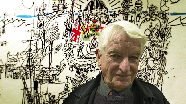 Petty in 2001, in front of a tapestry of a sketch he drew depicting Melbourne in 1901 at the time of Federation. Picture: AAP Image/Julian Smith