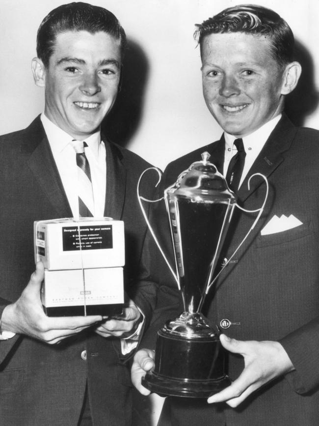 SA jockey John Stocker with John Hawkes with apprentice awards at Morphettville in 1965.