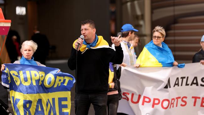 Ukrainian protesters gathered outside the Atlassian office last year. Picture: NCA NewsWire / Damian Shaw