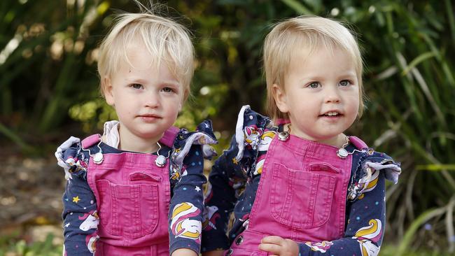 Two-year-old Sunshine Coast twins Pippa and Gemma Davis. Picture: Josh Woning