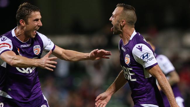 Perth Glory’s Dino Djulbic and Ivan Franjic celebrate the home side’s goal against Newcastle at HBF Park. Picture: Getty Images