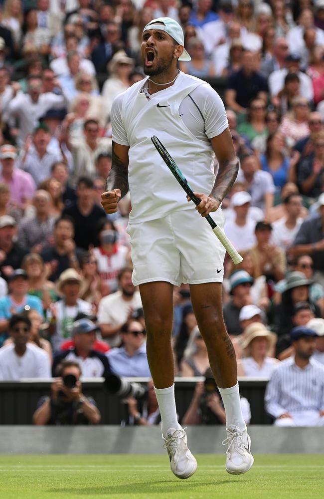 Nick Kyrgios celebrates winning match point. (Photo by Shaun Botterill/Getty Images)