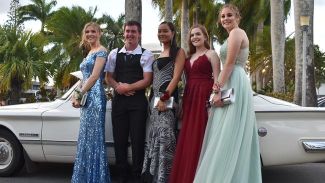 Sophie Christtofferson, Harley Hagen, Adela Cameron, Jade Fleischer, and Sarah Quigley at the Sarina State High School formal at the MECC, Mackay, on Thursday November 19. Picture: Zizi Averill