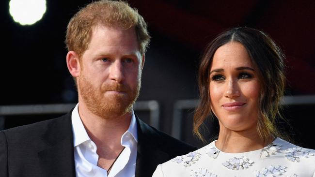 (FILES) Britain's Prince Harry and Meghan Markle speak during the 2021 Global Citizen Live festival at the Great Lawn, Central Park on September 25, 2021 in New York City. A multi-million-dollar deal between a media group run by Britain's Prince Harry and his wife Meghan Markle, and streaming giant Spotify is to end, a report said June 15, 2023. (Photo by Angela Weiss / AFP)