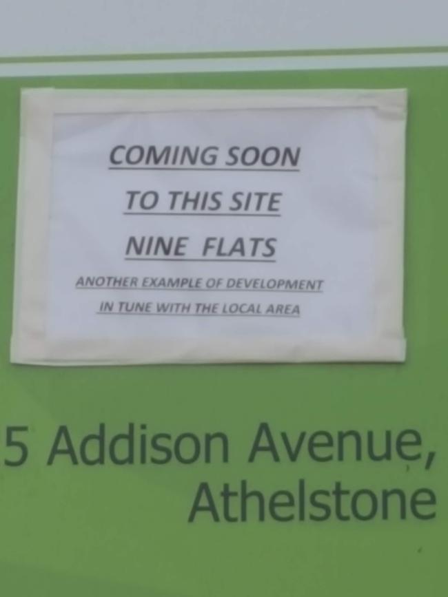 The ill-feeling towards medium density development in Campbelltown Council is highlighted in this note placed on a development site at Athelstone. Picture: Renato Castello