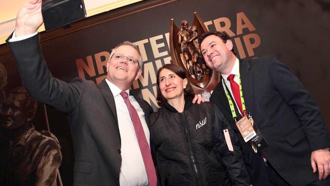 Stuart Ayres at the NRL grand final with Gladys Berejiklian and Scott Morrison.