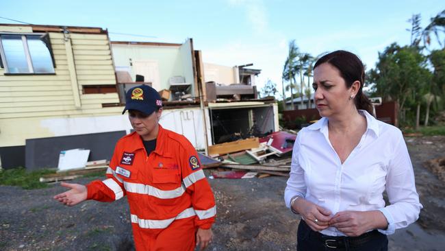 Queensland Premier Annastacia Palaszczuk in Yeppoon with SES Cindal Shackleton while touring the disaster zone after Cyclone Marcia passed through the day before. Pictures: Jack Tran / The Courier Mail