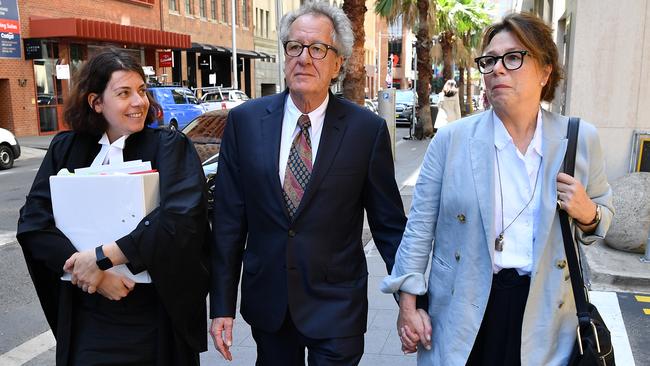 Geoffrey Rush and his wife Jane Menelaus with Sue Chrysanthou. Picture: AAP Image/Joel Carrett