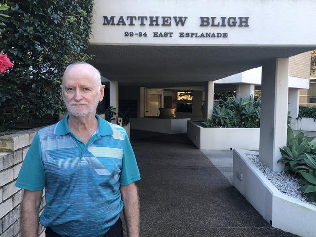 Mark Ewington, the chair of the strata committee at the Matthew Bligh apartment building, opposite East Esplanade Park, Manly, has called on the council to cut back drinking hours at th park, or ban alcohol altogether. Picture: Jim O’Rourke