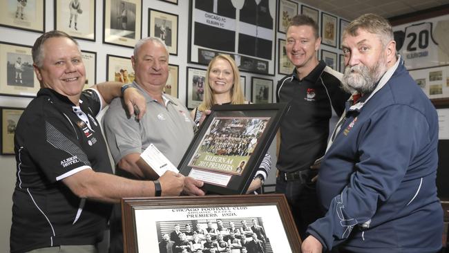 Cobra Foundation pair Barry Ramsey (second from left) and Tim Kelly (second from right) with Kilburn Football finance director Danny Parks, Port Adelaide Enfield councillor Barbara Clayton and SFL president Craig Warman. Picture: Dean Martin