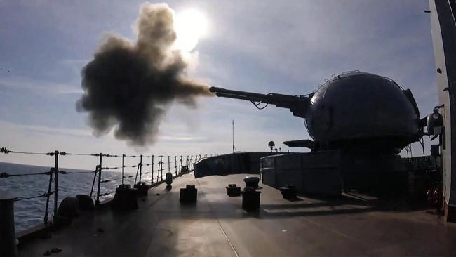 The Russian Defence Ministry’s "Moskva" cruiser during the Black sea naval exercises outside the Crimean port of Sevastopol. Picture: AFP