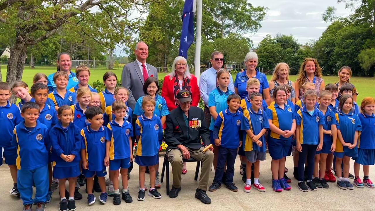 Kia Ora State School held their own Anzac Day on Friday, April 22. Students are pictured here with (left to right) Gympie MP Tony Perrett, Councillor Dolly Jensen and Wide Bay MP Llew O'Brien. Photo: Teresa Kitto