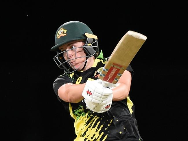 GOLD COAST, AUSTRALIA - OCTOBER 09: Tahlia McGrath of Australia bats during game two of the International Women's T20 series between Australia and India at Metricon Stadium on October 09, 2021 in Gold Coast, Australia. (Photo by Matt Roberts/Getty Images)