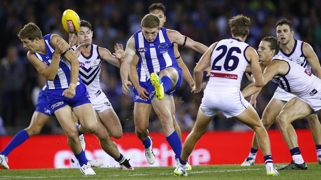 Jack Ziebell clears from the middle against Fremantle. Picture: Colleen Petch