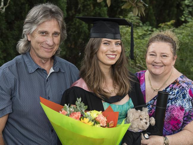 Bachelor of Education graduate Kim Knight with Geoff Knight and Jenny Blythe at a UniSQ graduation ceremony at Empire Theatres, Tuesday, February 13, 2024. Picture: Kevin Farmer