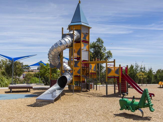 Buckingham Reserve playground’s centrepiece — a huge tower with a giant spiral tunnel slide. Picture: Valeriu Campan