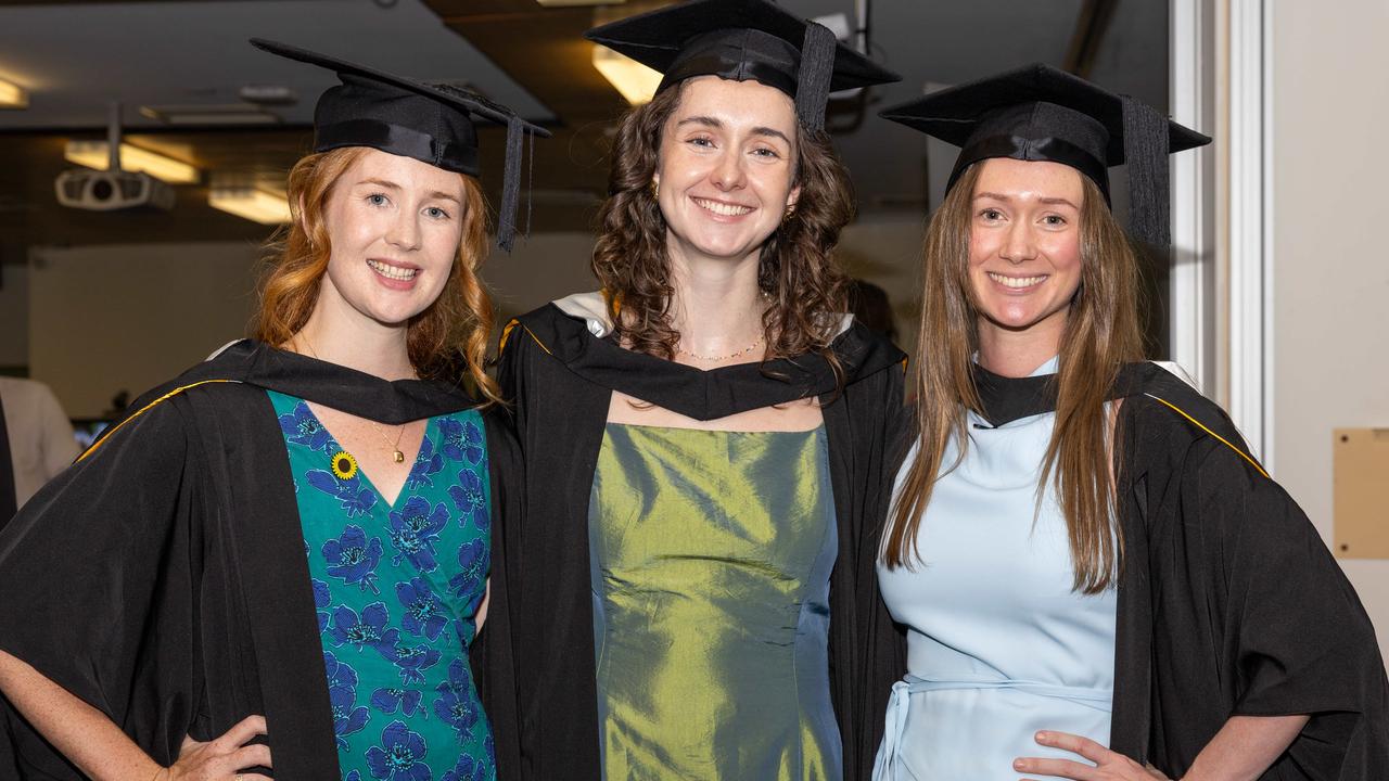 Jess Stevens, Marion Peters and Julia Becker at the 2025 Graduation ceremony held at Charles Darwin University on May 20, 2025. Picture: Pema Tamang Pakhrin