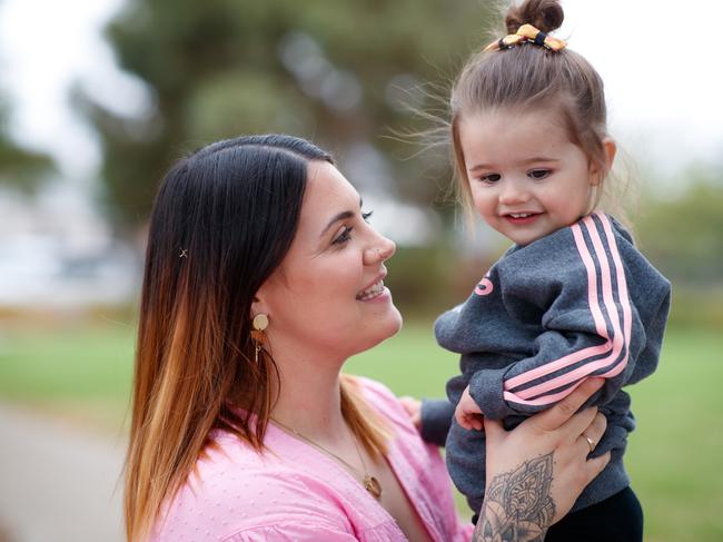 Samantha Walkley with her daughter Nayvah 1 at Andrews Farm on April 27, 2022. Nayvah was saved after her foot became stuck down a drain at Elizabeth East.  Picture Matt Turner.