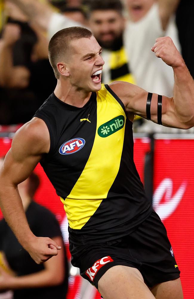 Sam Lalor celebrates one of his two goals on debut. Picture: Michael Willson/AFL Photos via Getty Images