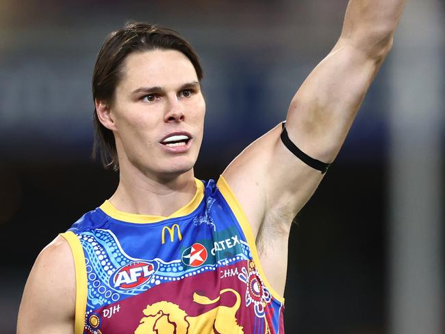 BRISBANE, AUSTRALIA - MAY 20: Eric Hipwood of the Lions celebrates a goal during the round 10 AFL match between Brisbane Lions and Gold Coast Suns at The Gabba, on May 20, 2023, in Brisbane, Australia. (Photo by Chris Hyde/Getty Images)