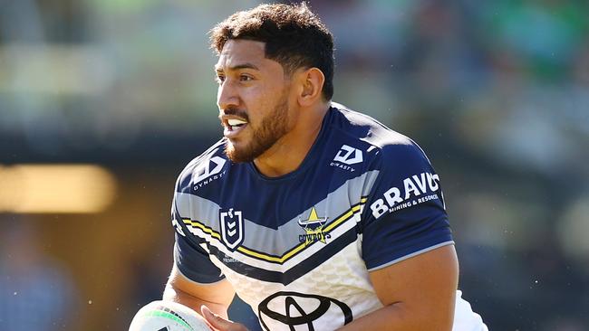 QUEANBEYAN, AUSTRALIA - FEBRUARY 25: Jason Taumalolo of the Cowboys in action  during the NRL Pre-season challenge match between Canberra Raiders and North Queensland Cowboys at Seiffert Oval on February 25, 2024 in Queanbeyan, Australia. (Photo by Mark Nolan/Getty Images)