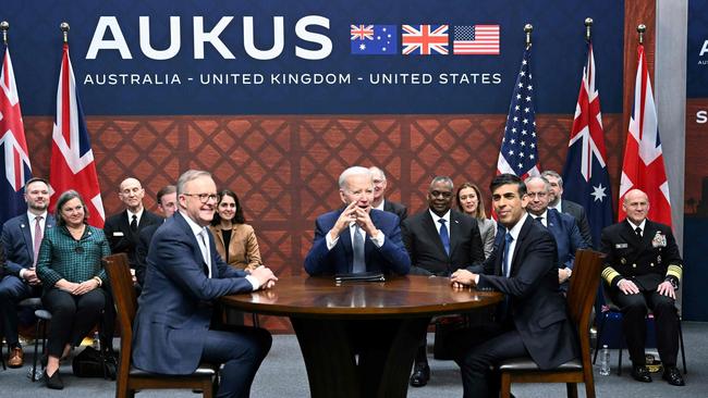 US President Joe Biden with British Prime Minister Rishi Sunak (R) and Australian Prime Minister Anthony Albanese (L) during the AUKUS summit last year. Picture: Jim Watson / AFP