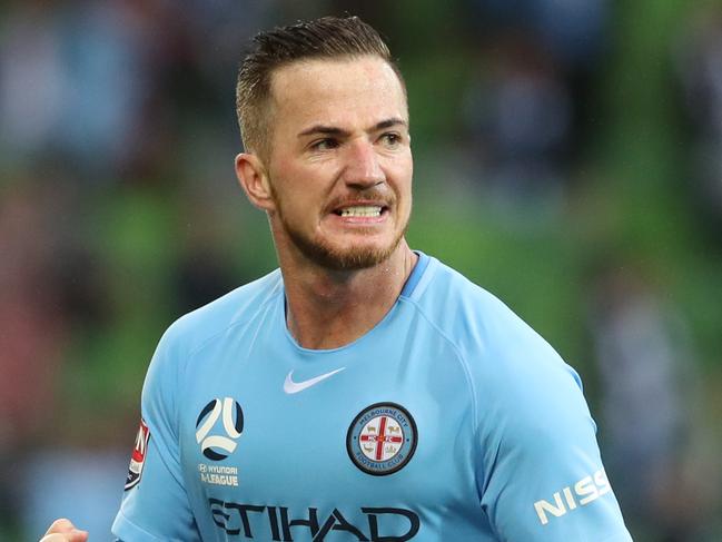 Ross McCormack reacts after scoring a goal for Melbourne during the round 3 A-League match between Melbourne City FC and Wellington Phoenix at AAMI Stadium in Melbourne, Saturday, October 21, 2017. (AAP Image/David Crosling) NO ARCHIVING, EDITORIAL USE ONLY