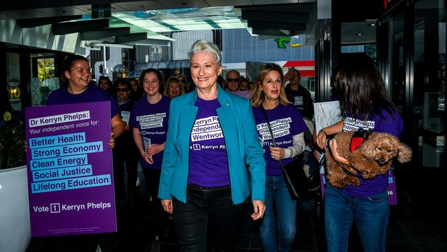 Dr Kerryn Phelps with supporters during the official announcement of her candidacy for the federal seat of Wentworth in Sydney on Sunday.