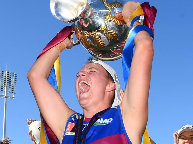 *APAC Sports Pictures of the Week - 2023, December 4* - MELBOURNE, AUSTRALIA - DECEMBER 03: Dakota Davidson of the Lions celebrates with the premiership Cup during the AFLW Grand Final match between North Melbourne Tasmania Kangaroos and Brisbane Lions at Ikon Park, on December 03, 2023, in Melbourne, Australia. (Photo by Quinn Rooney/Getty Images)