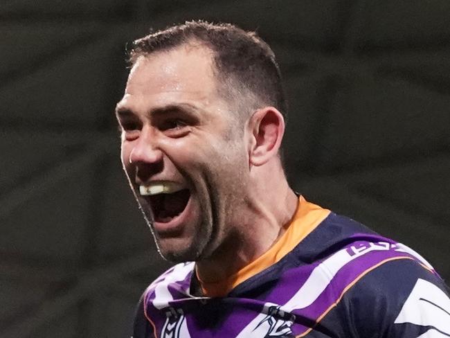 Ryan Papenhuyzen (unseen) of the Melbourne Storm is congratulated by Cameron Smith after scoring a try during the second NRL Semi Final match between the Melbourne Storm and the Parramatta Eels at AAMI Park in Melbourne, Saturday, September 21, 2019.  (AAP Image/Scott Barbour) NO ARCHIVING, EDITORIAL USE ONLY