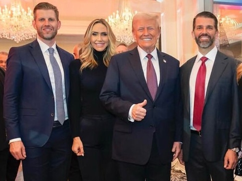 Donald Trump with sons Donald Jr and Eric, their wives and Ivanka Trump. Picture: Truth Social.