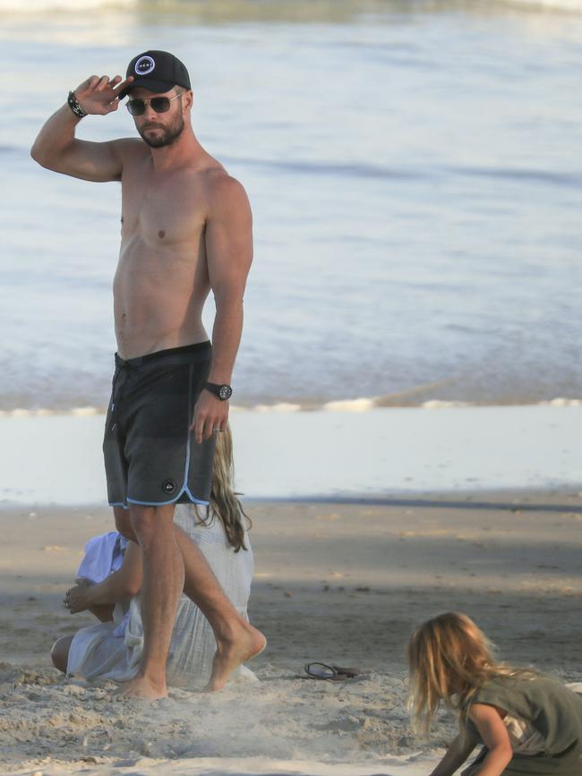 Chris Hemsworth enjoying a day at the beach in Byron. Picture: MediaMode.com