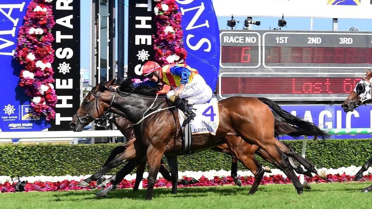 Eleven Eleven hit the front right on the line to win the 2022 Magic Millions Cup. Picture: Grant Peters–Trackside Photography