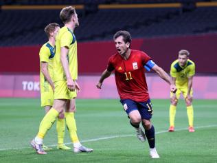 SAPPORO, JAPAN - JULY 25: Mikel Oyarzabal #11 of Team Spain celebrates after scoring their side's first goal during the Men's First Round Group C match between Australia and Spain on day two of the Tokyo 2020 Olympic Games at Sapporo Dome on July 25, 2021 in Sapporo, Hokkaido, Japan. (Photo by Masashi Hara/Getty Images)